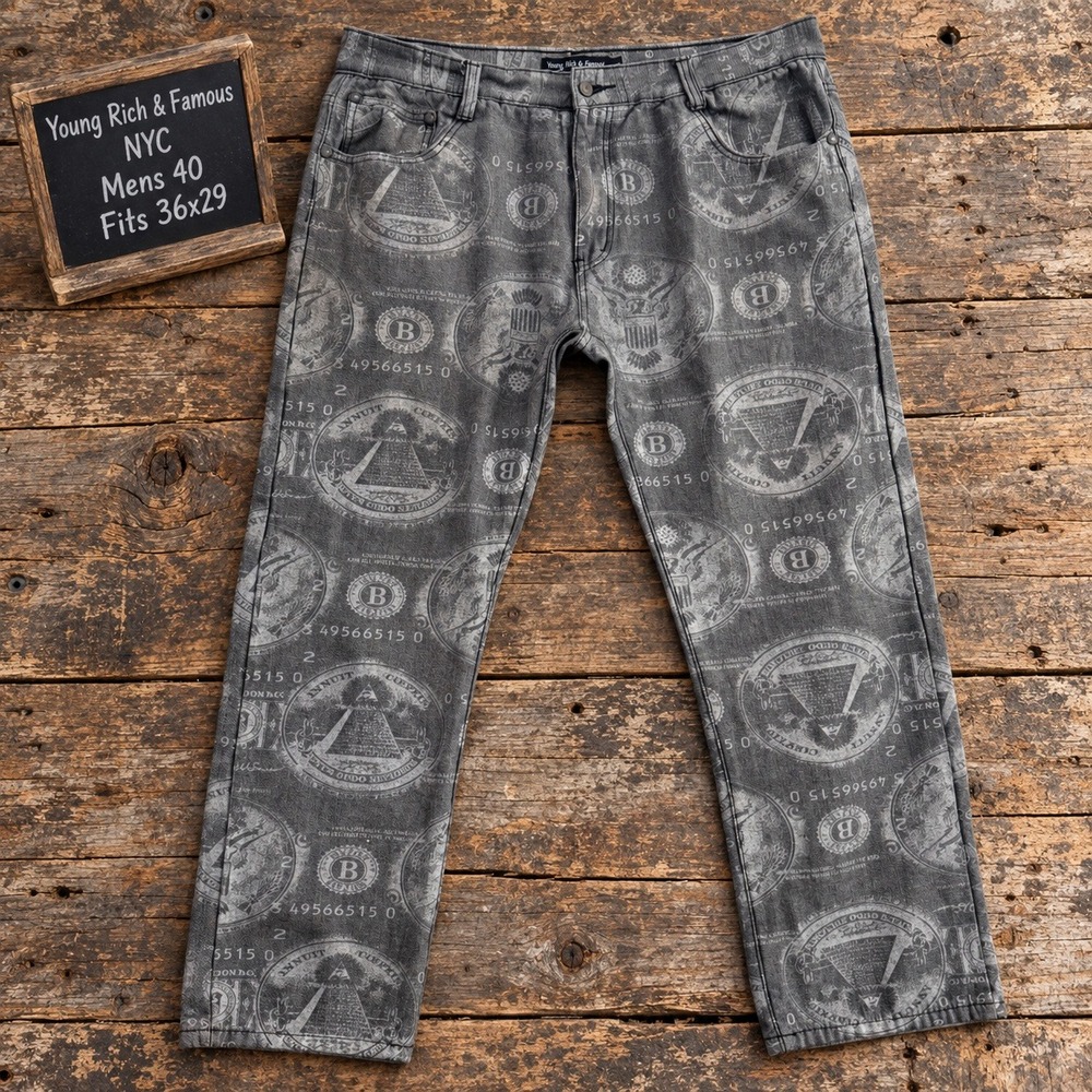 Young Rich & Famous NYC Mens Size 40 Fits 36x29 Gray Dollar Bill Print Jeans